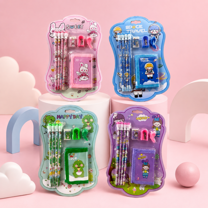 Cute Kids Stationery Gift Set with Pencils, Sharpener, Eraser & pouch