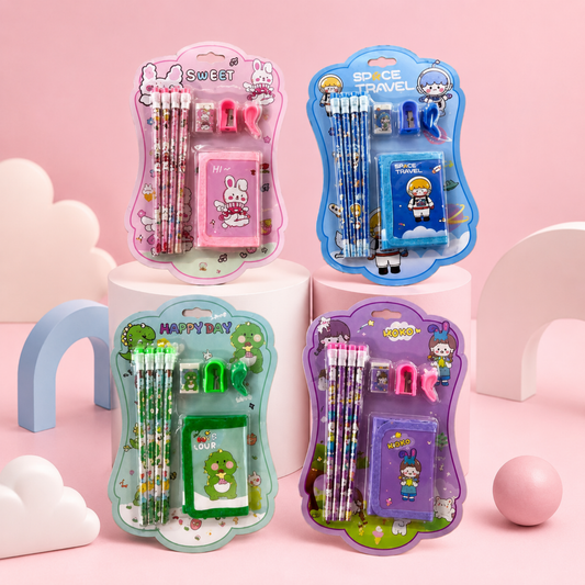 Cute Kids Stationery Gift Set with Pencils, Sharpener, Eraser & pouch
