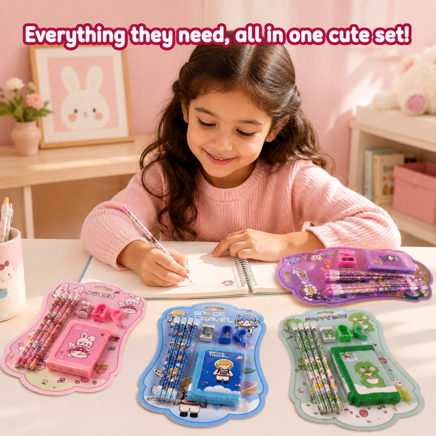 Cute Kids Stationery Gift Set with Pencils, Sharpener, Eraser & pouch