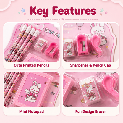 Cute Kids Stationery Gift Set with Pencils, Sharpener, Eraser & pouch
