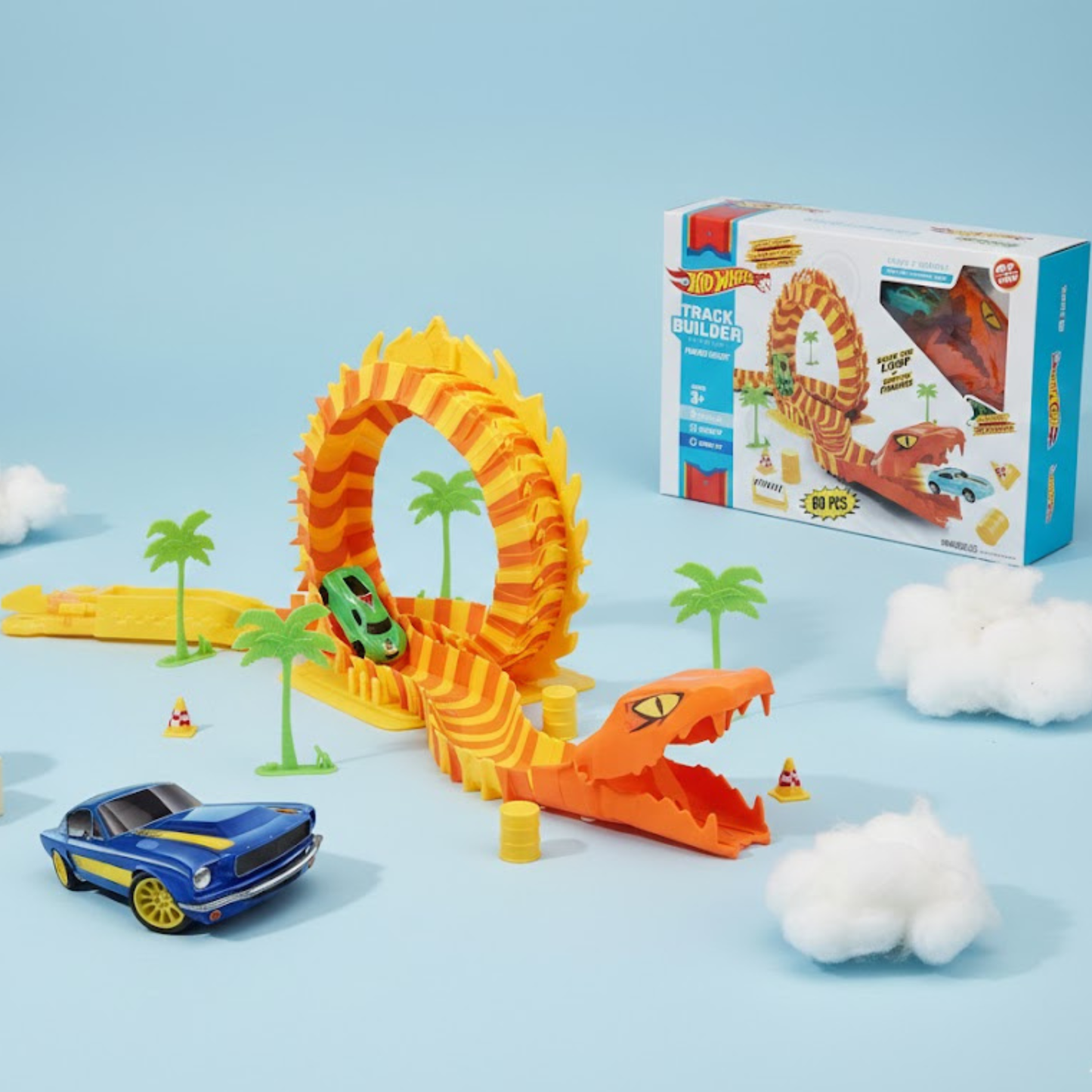 Hot Wheels snake loop racing track builder playset with cars and 88 pieces for kids