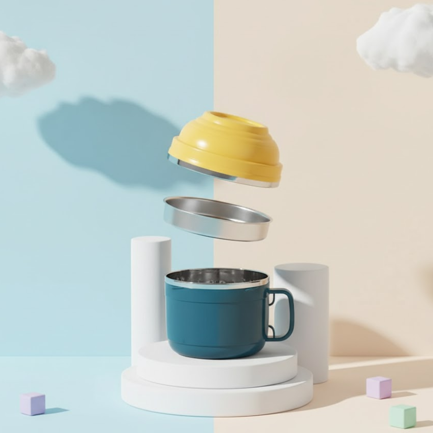 Stackable insulated food container with detachable stainless steel bowl and yellow lid.