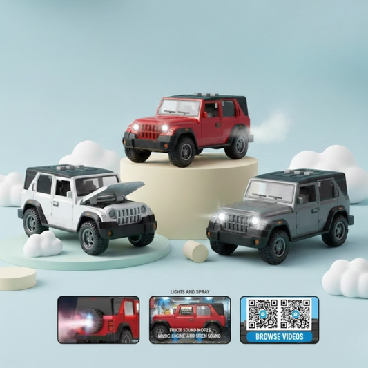 Kids pull-back jeep toy with lights, engine sound, and mist spray in red, white, and grey die-cast models
