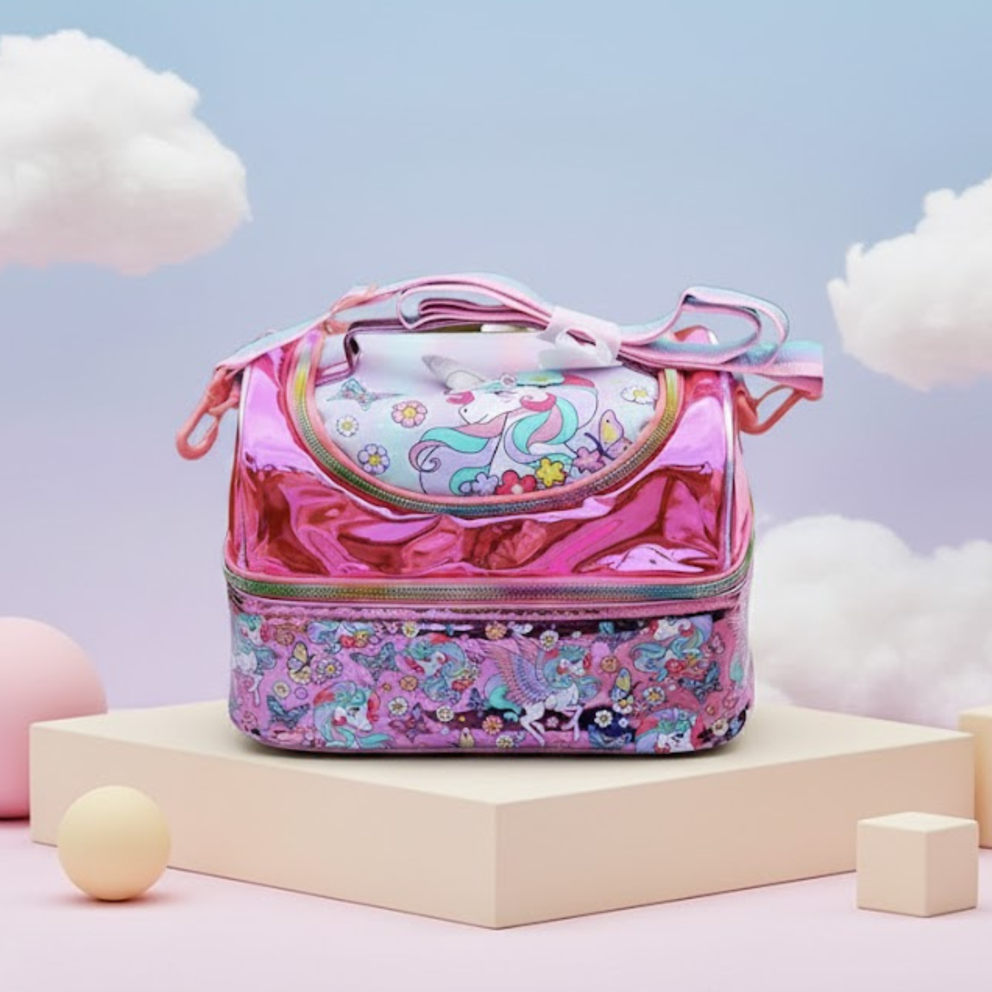 Magical Pink Unicorn & Dino Kids Lunch Bag – Insulated Double Decker School Lunch Bag