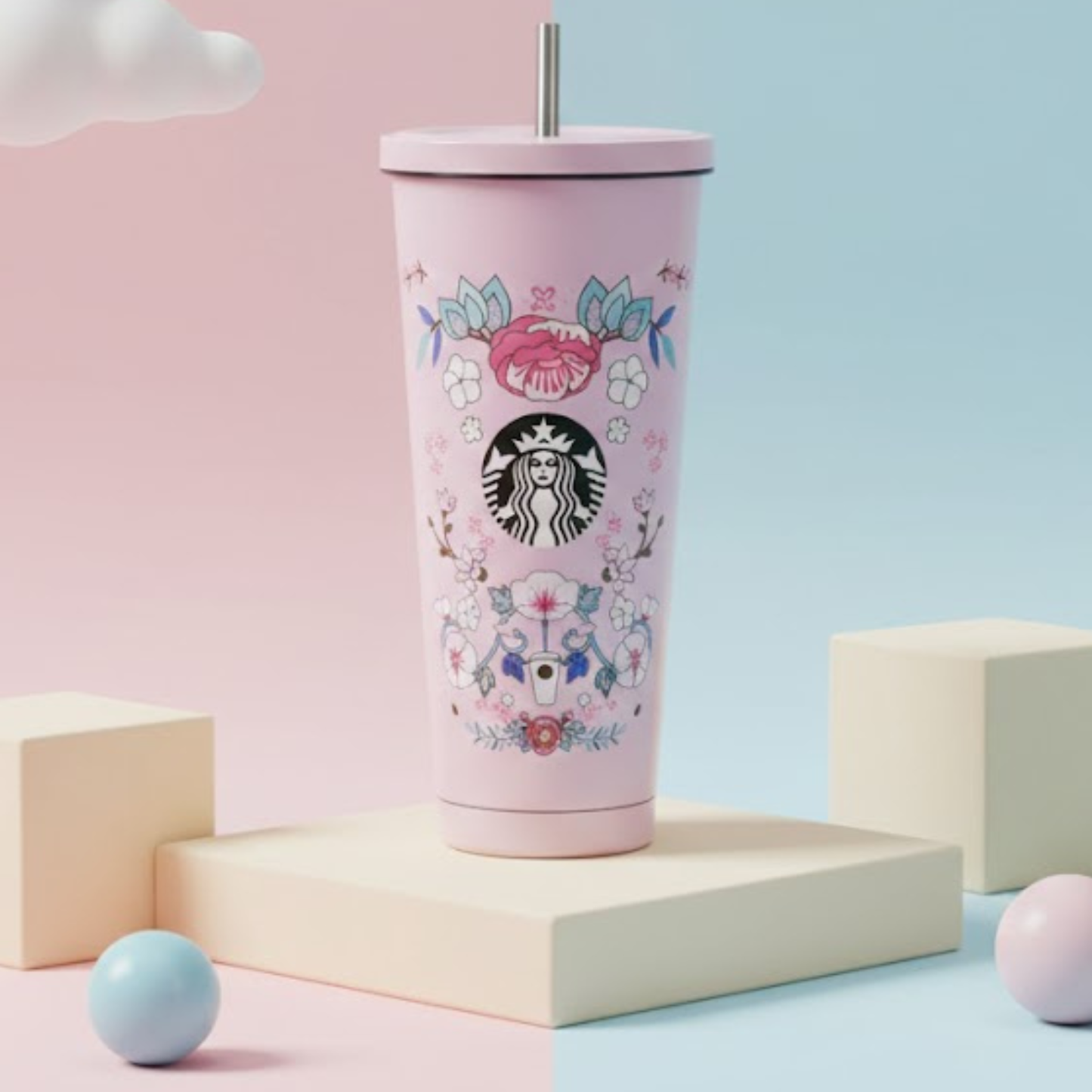 Floral Stainless Steel Tumbler — 500ml