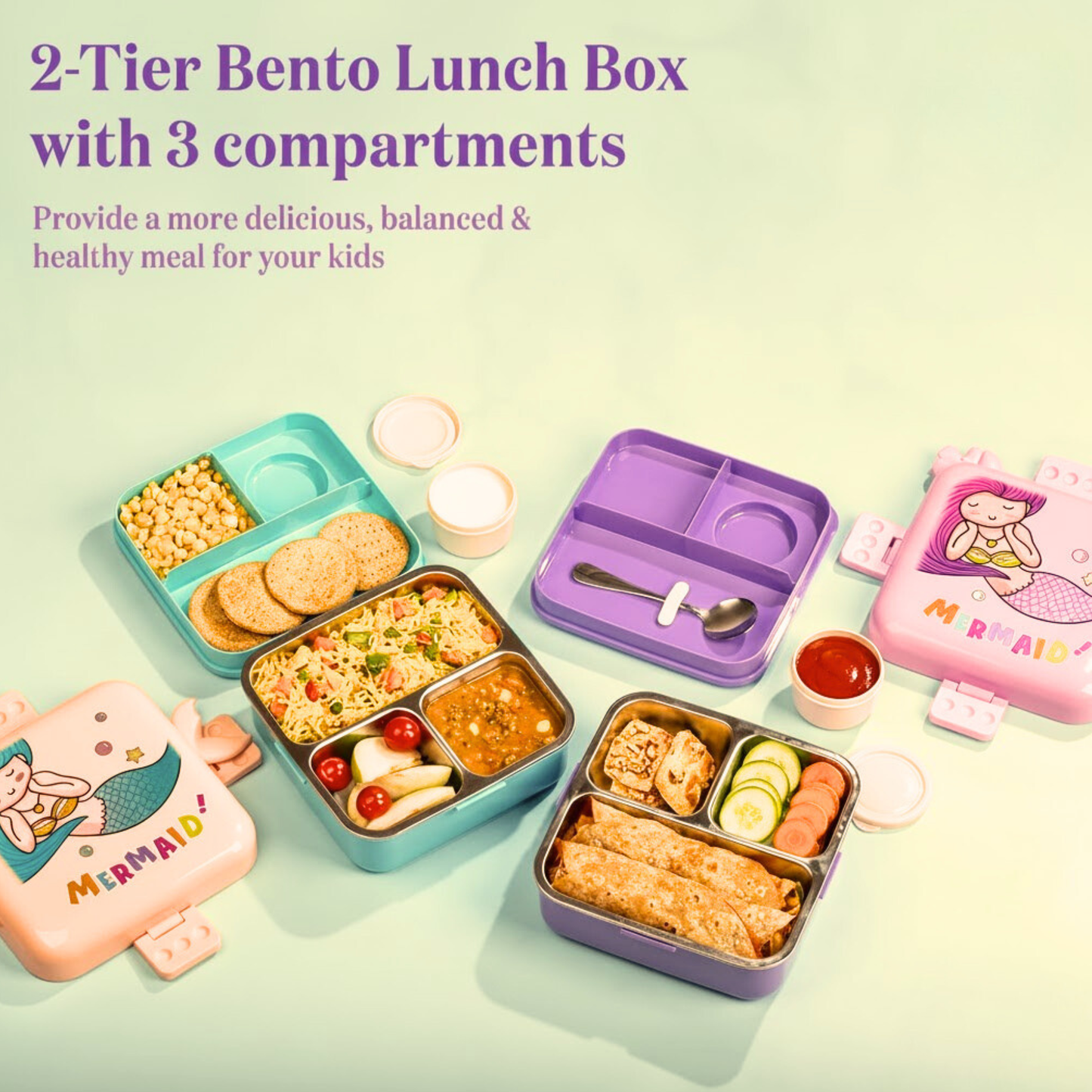 Stainless Steel Bento Lunch box for kids in Mermaid design
