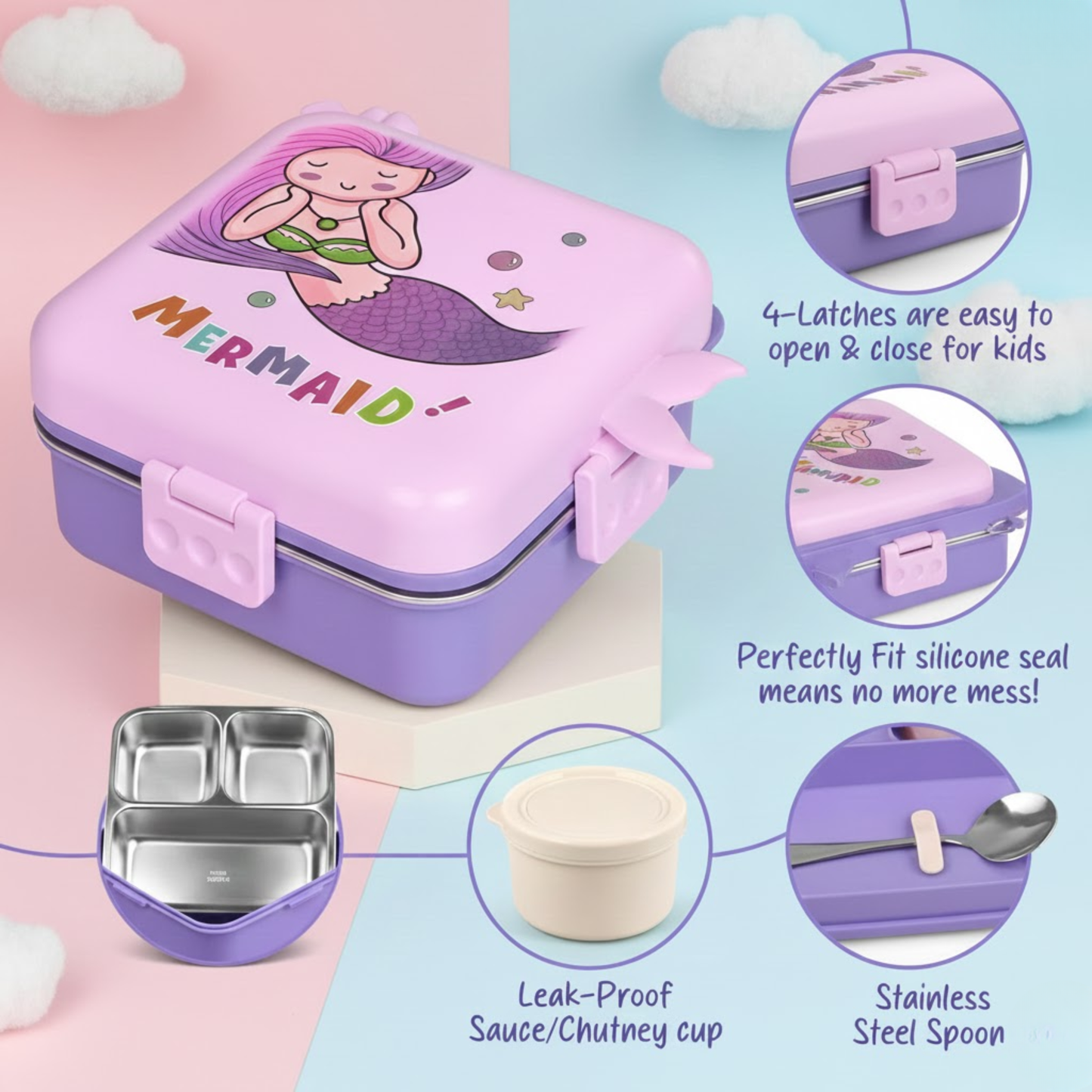 Stainless Steel Bento Lunch box for kids in Mermaid design