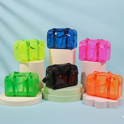 transparent jelly , NEON duffle bag for kids with sturdy handles and front pockets, ideal for travel and gifting