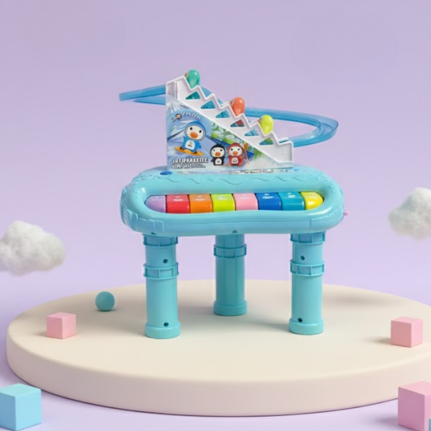 Colorful musical activity table for toddlers with piano keys, rolling track toys, and interactive play design