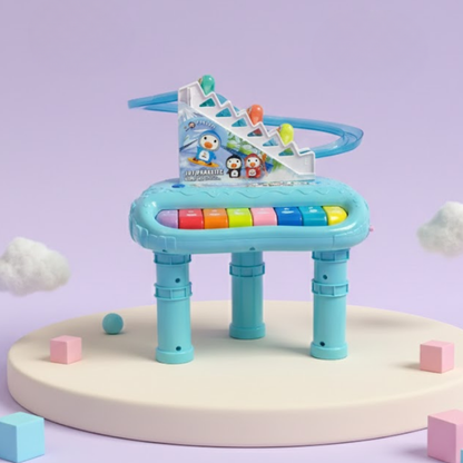Colorful musical activity table for toddlers with piano keys, rolling track toys, and interactive play design