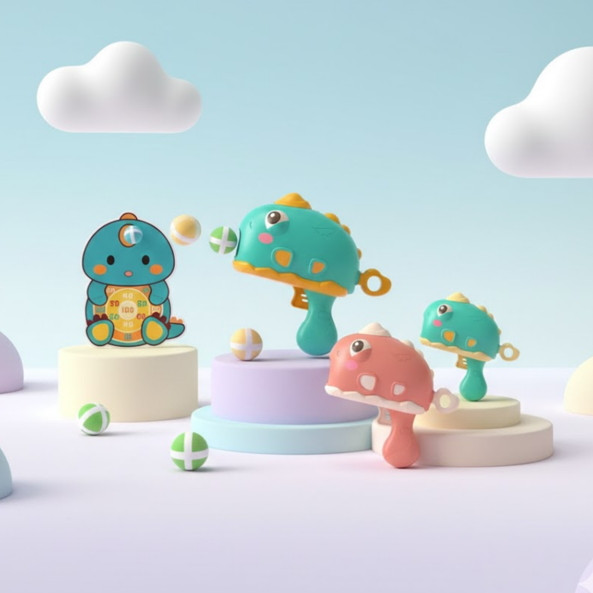 Kids dinosaur hammer toy with colourful balls, interactive pop-up play design, displayed in a playful pastel setting