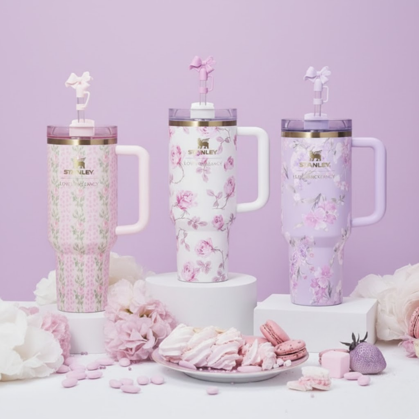 Floral insulated travel tumblers with handle and straw in pastel colours, aesthetic drinkware displayed with flowers and desserts