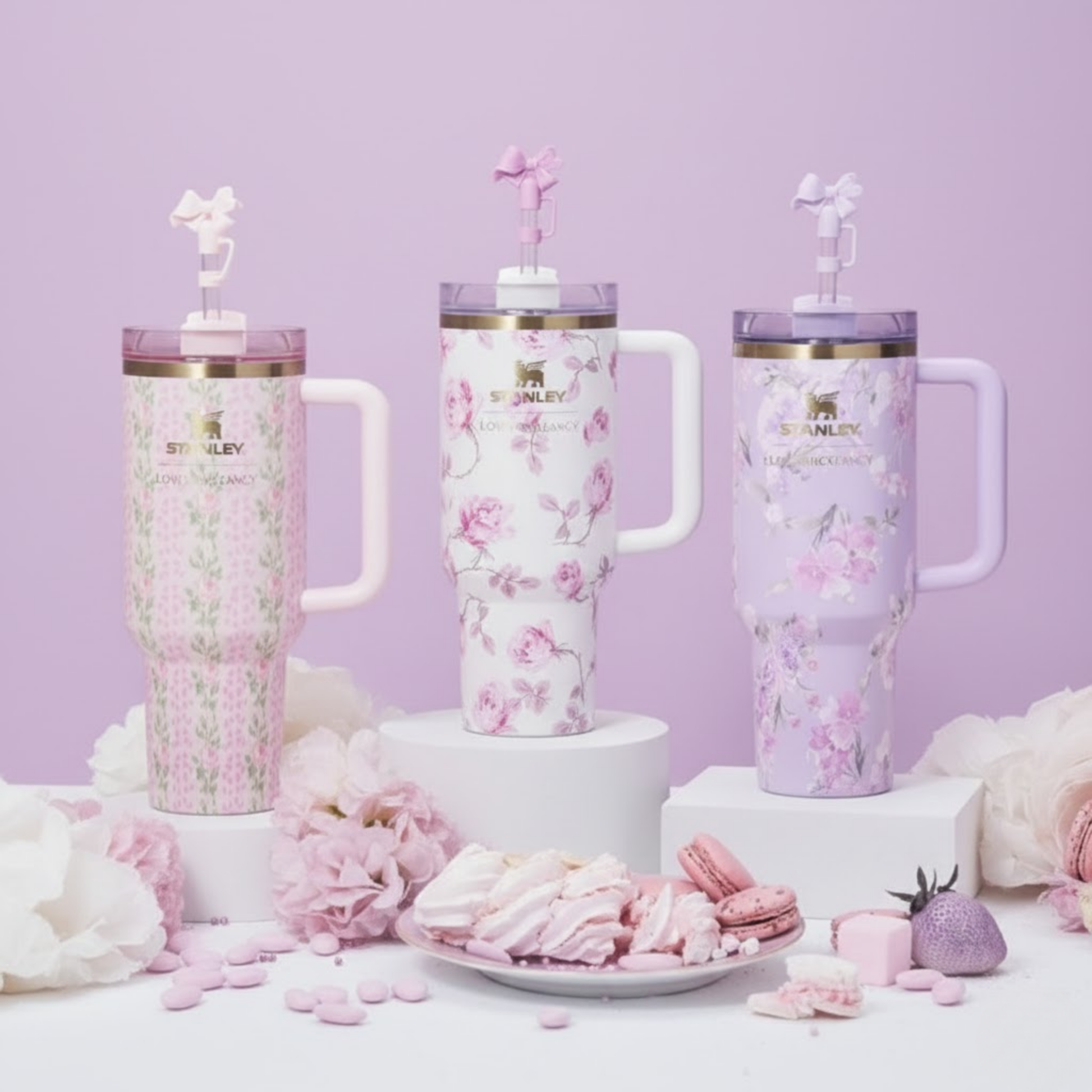 Floral insulated travel tumblers with handle and straw in pastel colours, aesthetic drinkware displayed with flowers and desserts