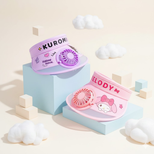 Colorful summer caps with built-in cooling fans designed to protect from heat.