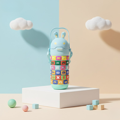 Kids water bottle with rotating puzzle number rings and cute bunny design, leakproof and easy to carry