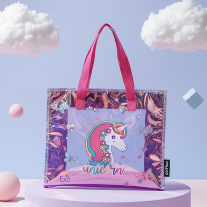 Purple and pink Unicorn Holographic PVC tote bag with cute character prints for kids' fashion and gifting