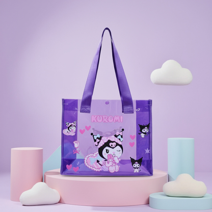 Purple Kuromi clear PVC tote bag with cute character prints for kids fashion and gifting