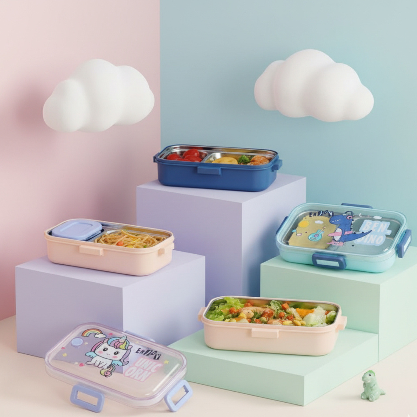Colorful kids lunch boxes with cute character designs displayed featuring stainless steel and BPA-free compartments.