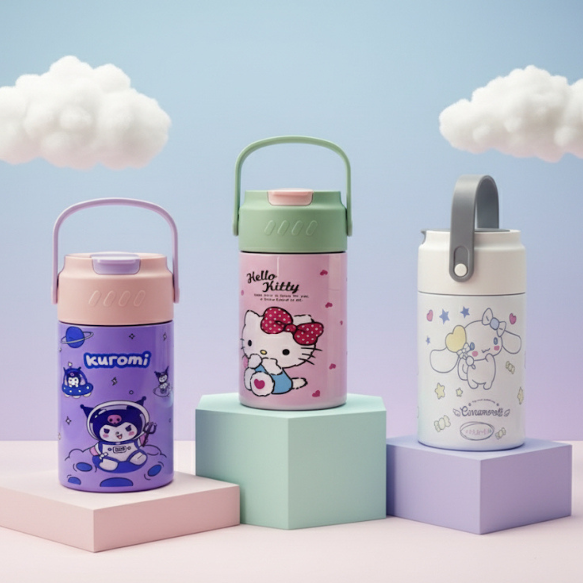 Kids water bottle with SS316 stainless steel interior and removable infuser; leakproof lid and carry handle, character prints