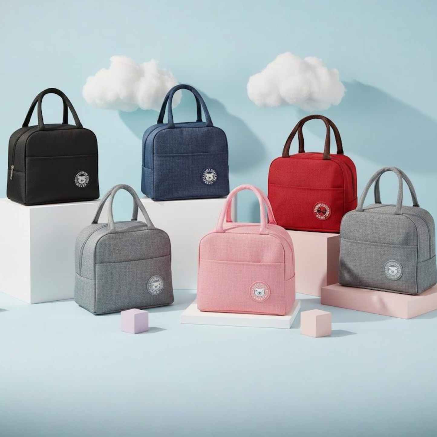 Multi colour kids insulated lunch bag with handles displayed for school and travel use