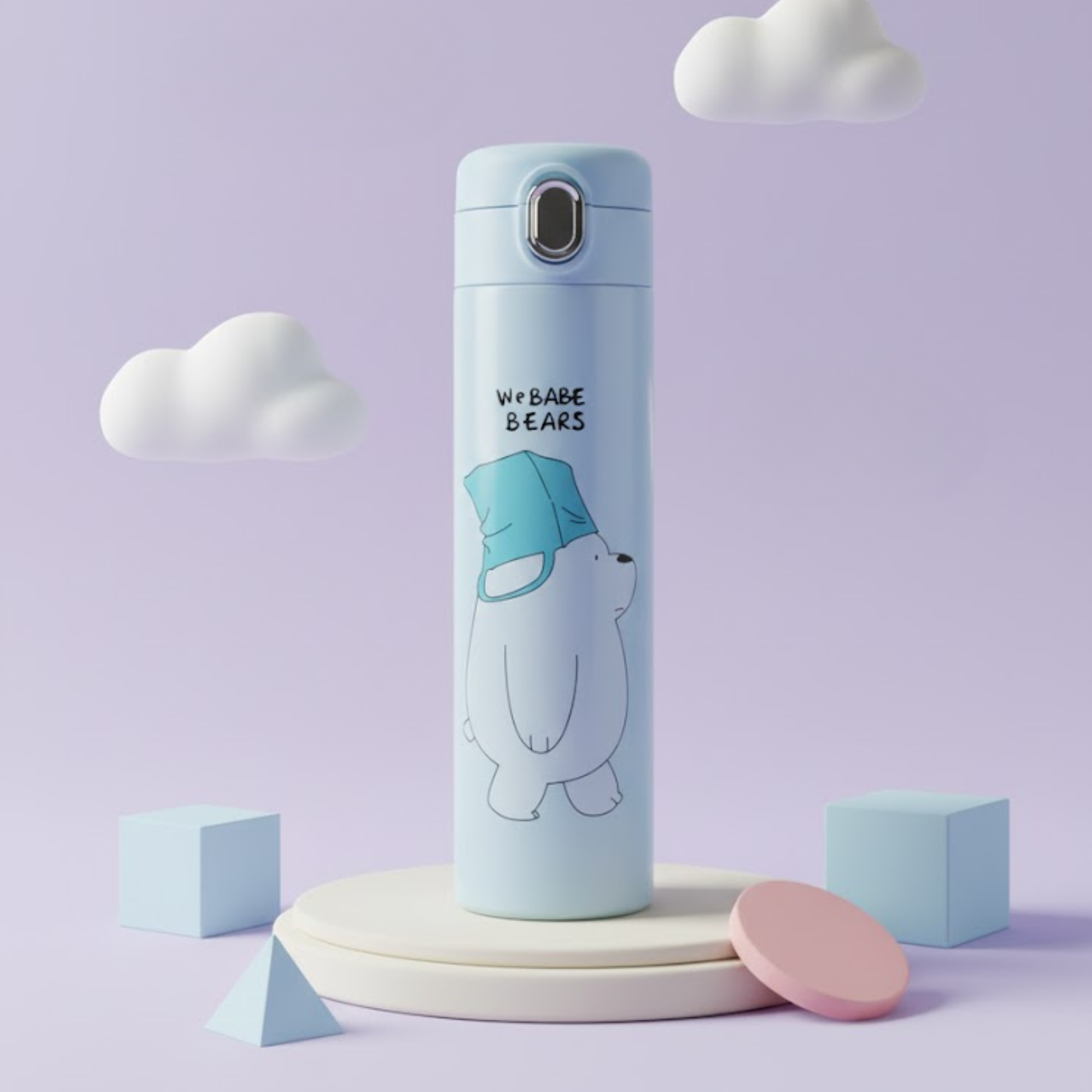 Three We Bare Bears thermos steel bottles in pink, blue, and black and a spout