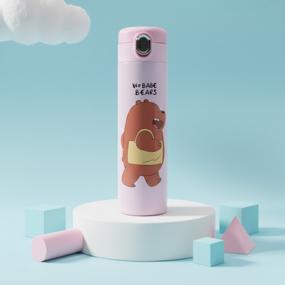 Three We Bare Bears thermos bottles in pink, blue, and black