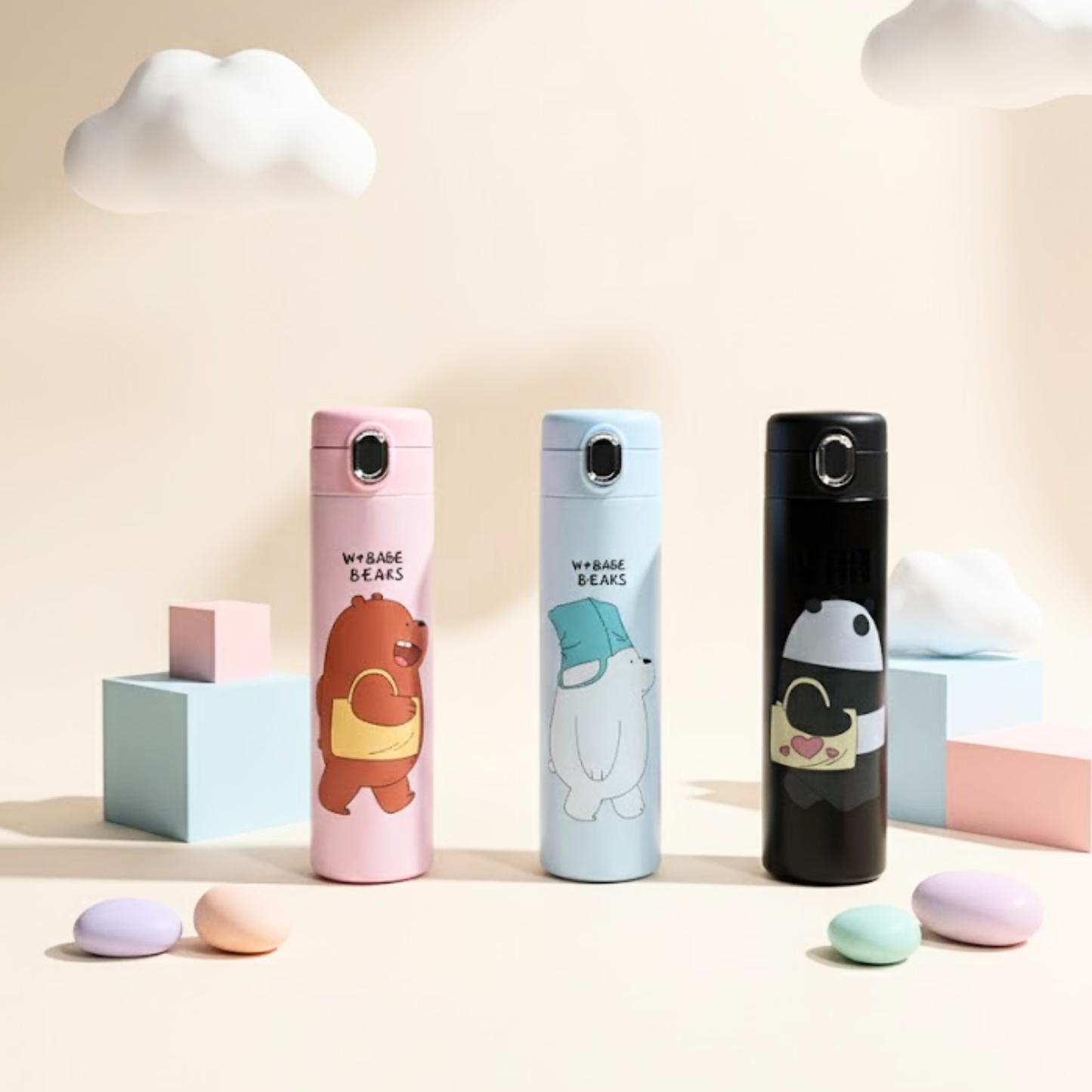 Three We Bare Bears thermos bottles in pink, blue, and black