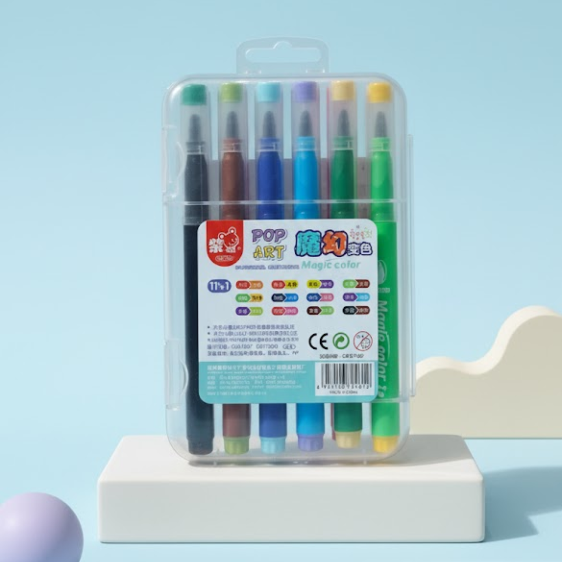 Set of magic color markers in a clear plastic case, showing multiple vibrant shades for kids’ art and creative drawing