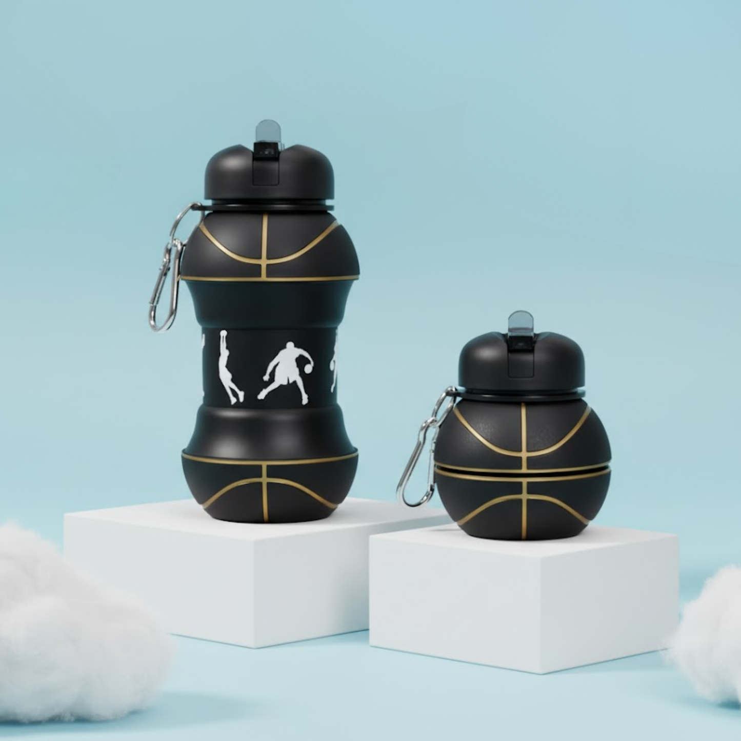 Silicone expandable water bottles in basketball, tennis, and soccer ball designs displayed on pastel blocks