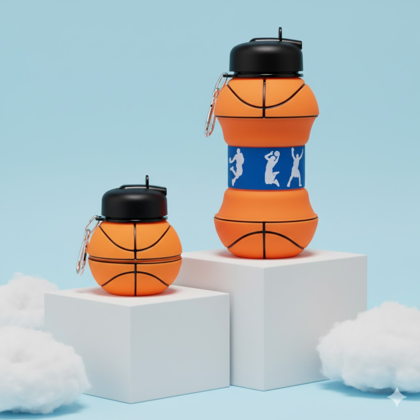 Silicone expandable water bottles in basketball, tennis, and soccer ball designs displayed on pastel blocks