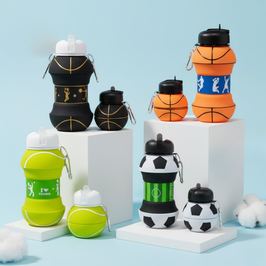Silicone expandable water bottles in basketball, tennis, and soccer ball designs displayed on pastel blocks