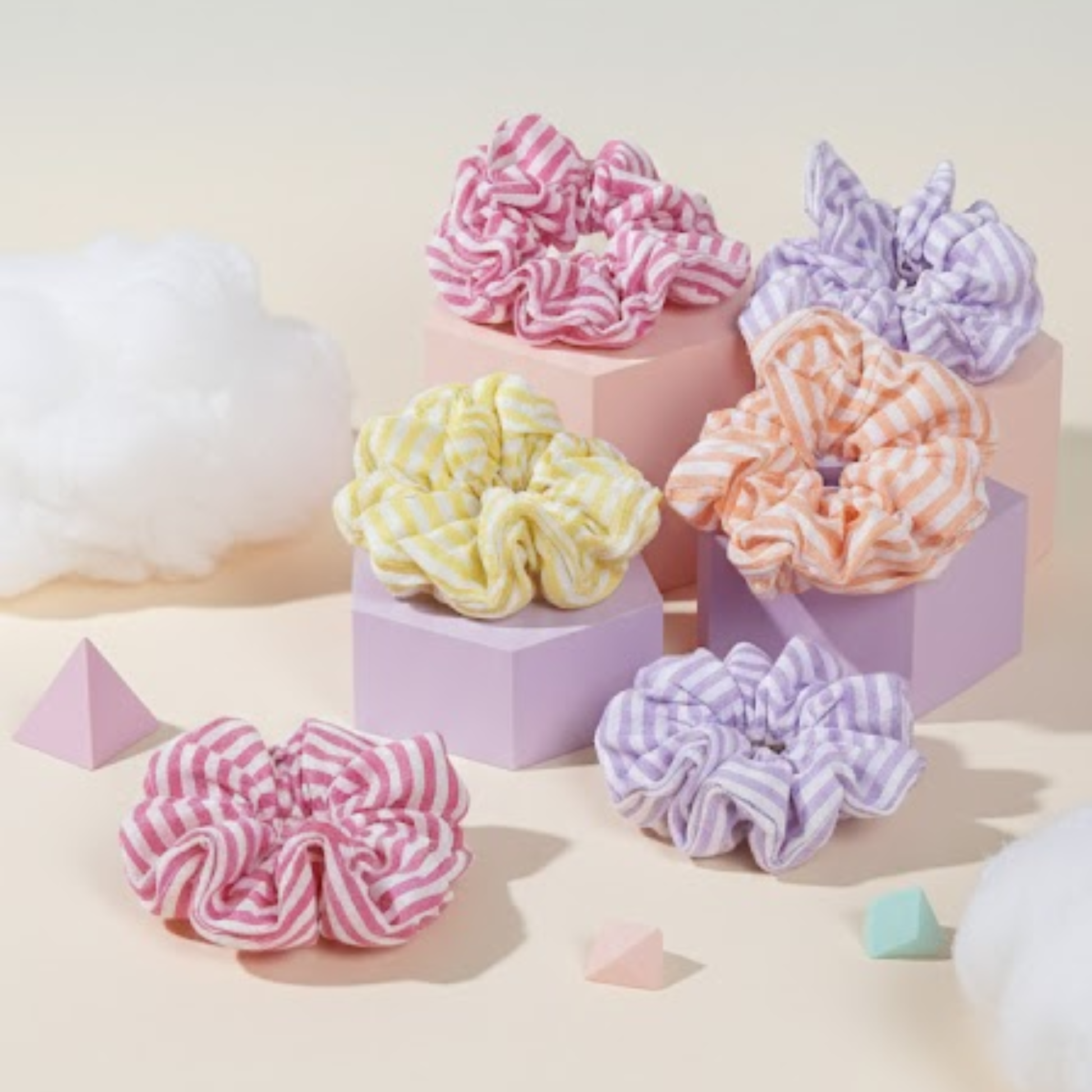 Set of pastel striped scrunchies in pink, yellow and lavender for kids and girls hair accessories