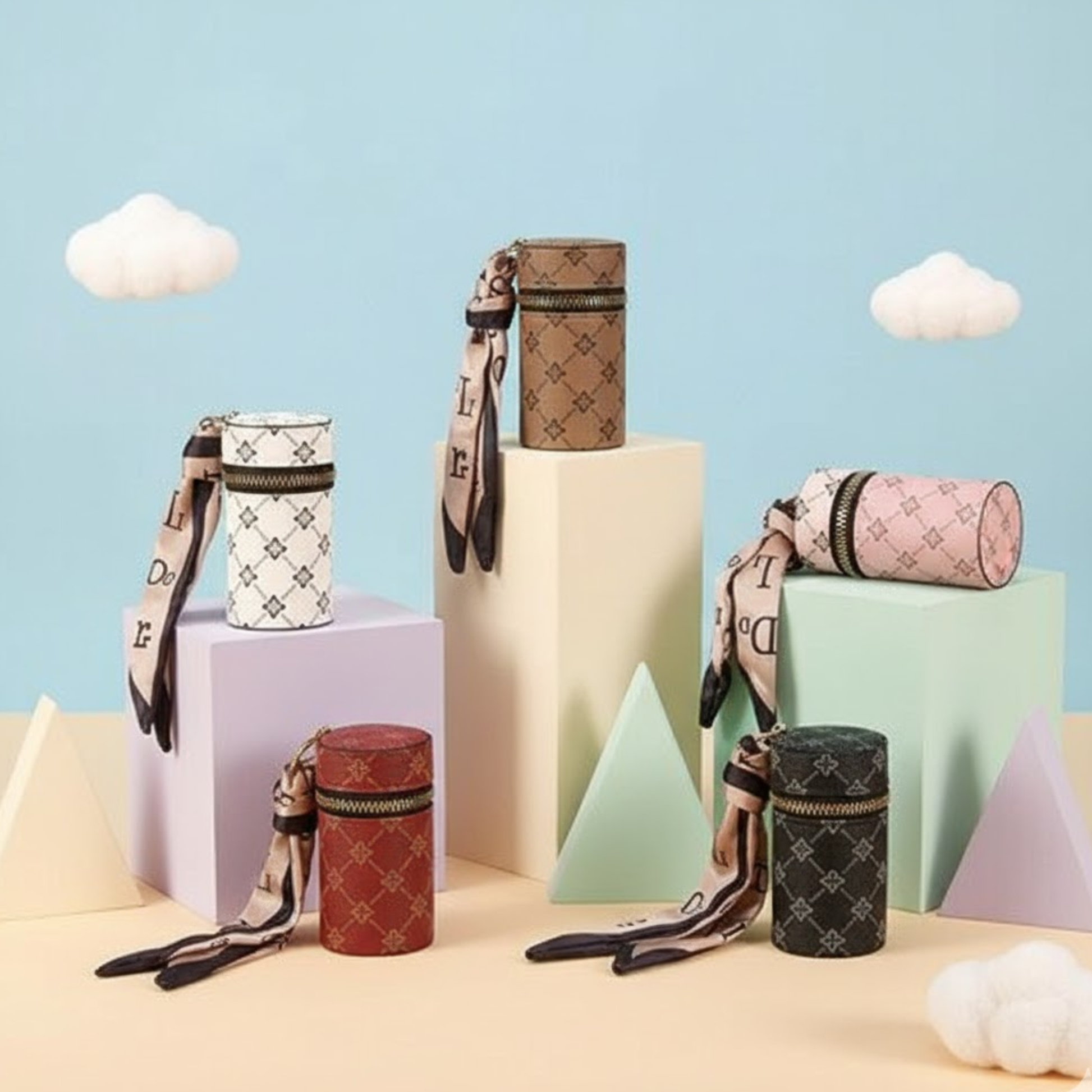 Patterned cylindrical coin pouches with ribbon straps