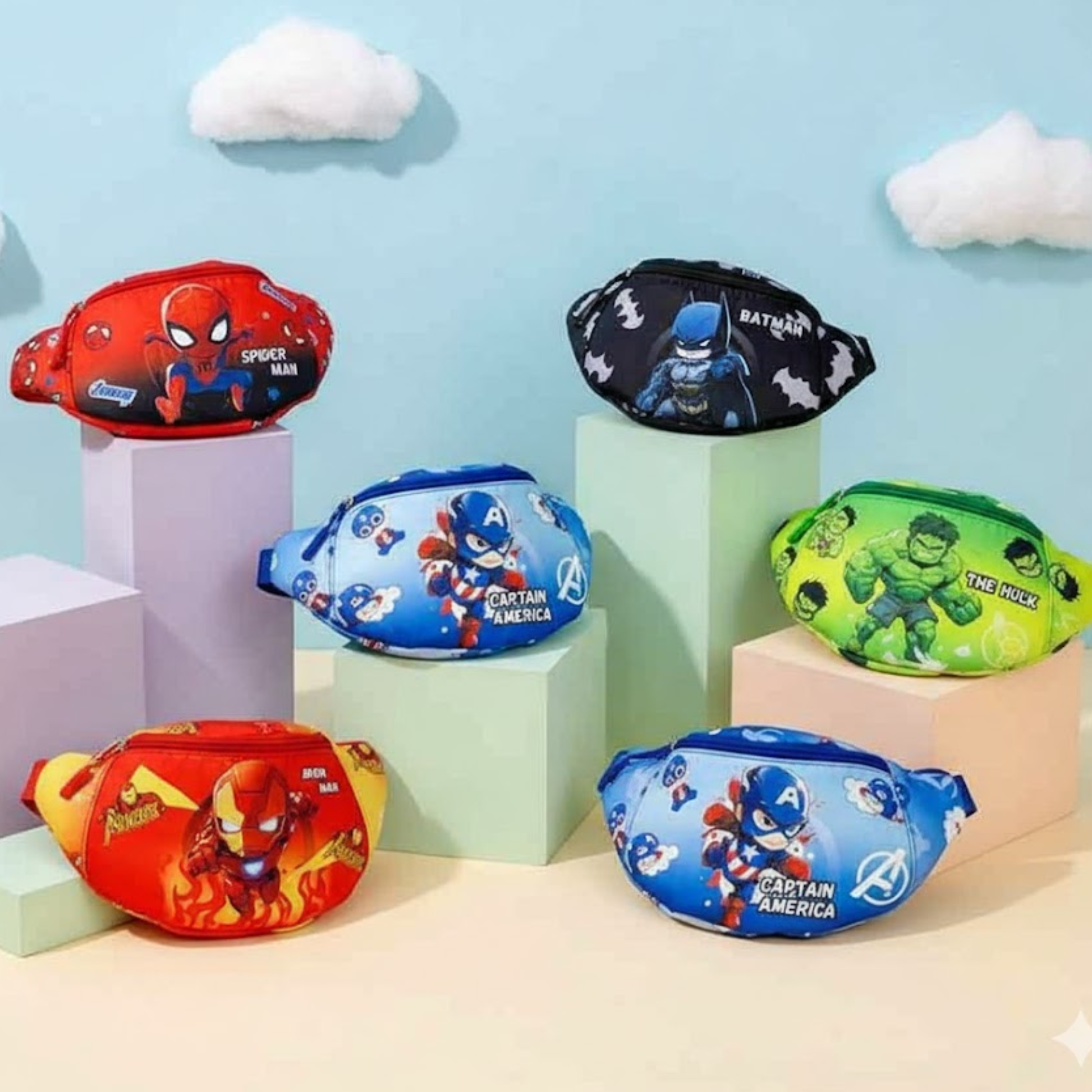 Kids superhero-themed waist bags in assorted colors displayed on pastel blocks
