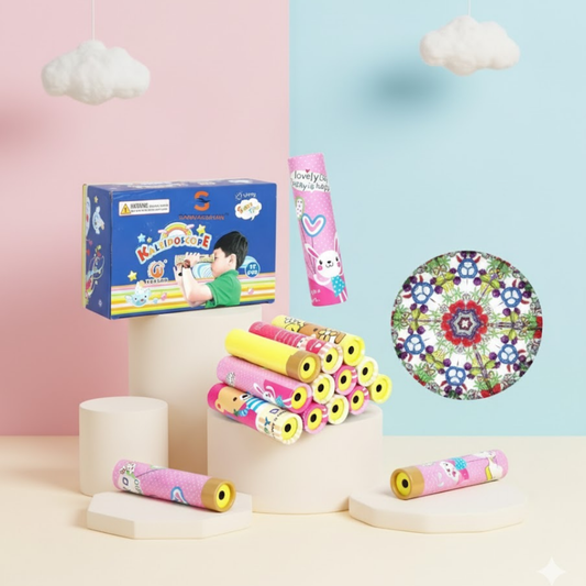Kids colorful kaleidoscope toy set with multiple patterned tubes and gift box packaging – fun visual learning toy for children