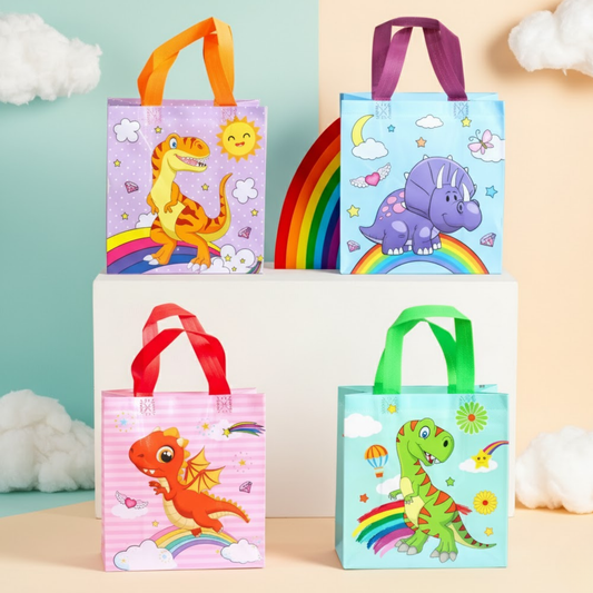 Cute Rainbow Dino-themed gift bags in pastel colors with floral designs and colorful handles