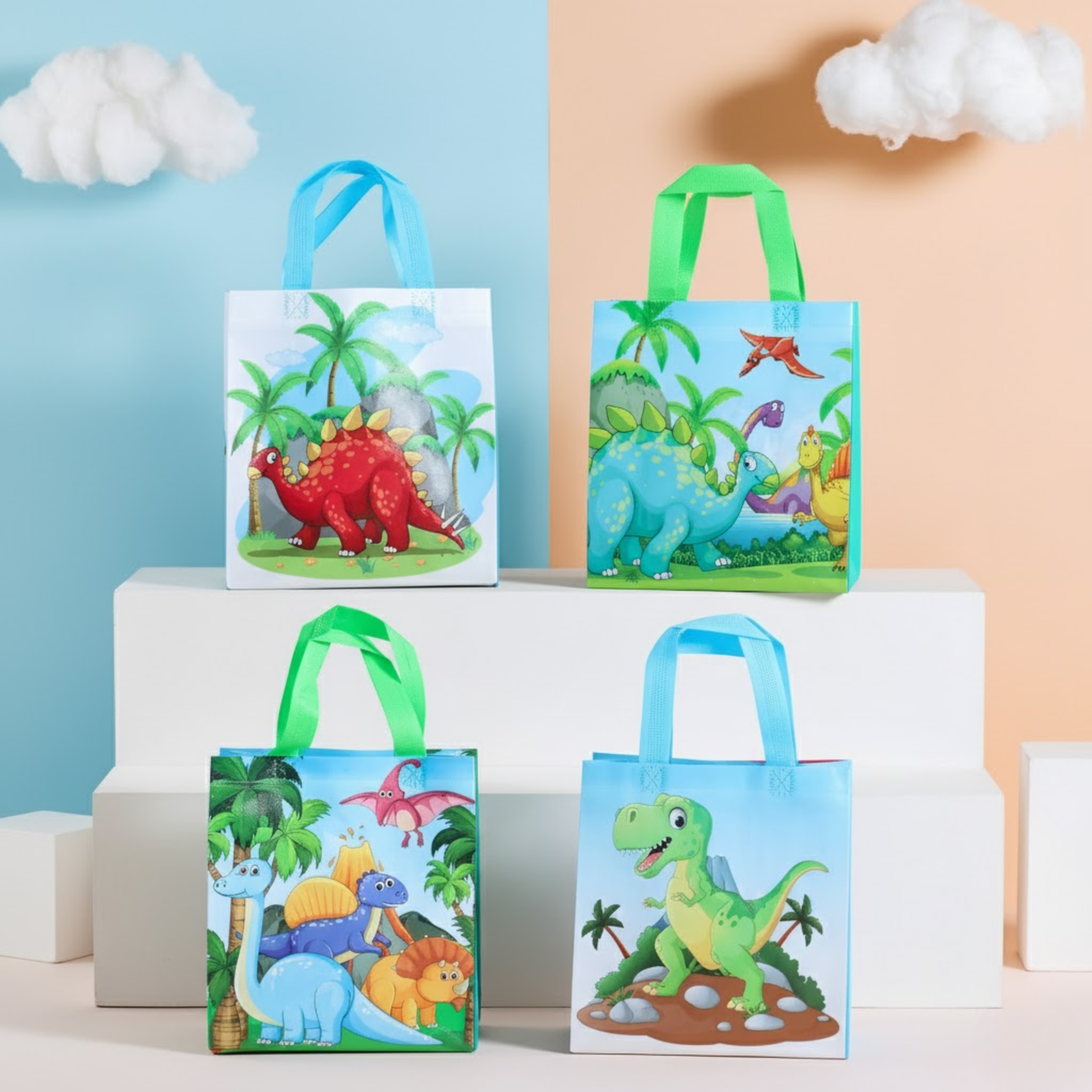 Cute Dino family -themed gift bags in pastel colors with floral designs and colorful handles