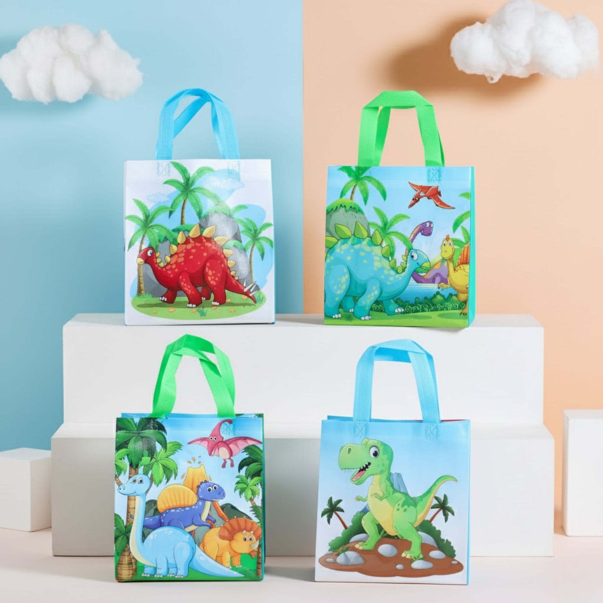 Cute Dino family -themed gift bags in pastel colors with floral designs and colorful handles