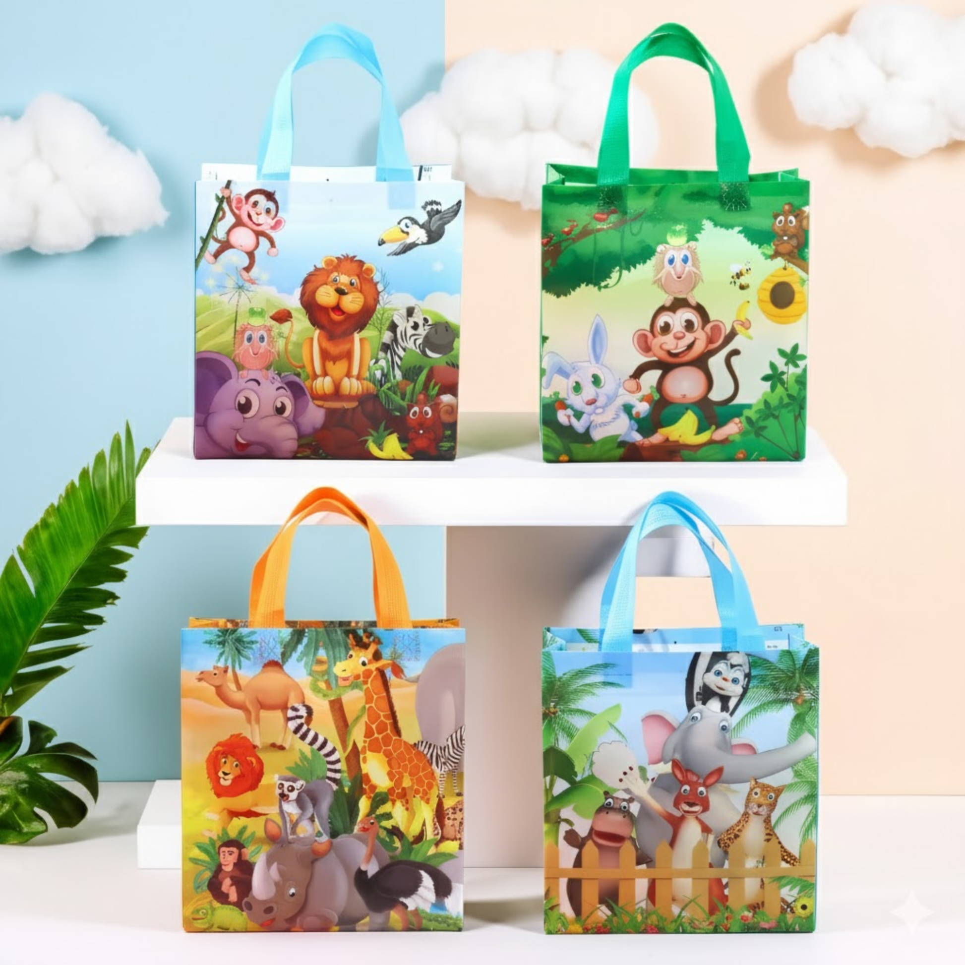Jungle and animals - themed gift bags in pastel colors with floral designs and colorful handles