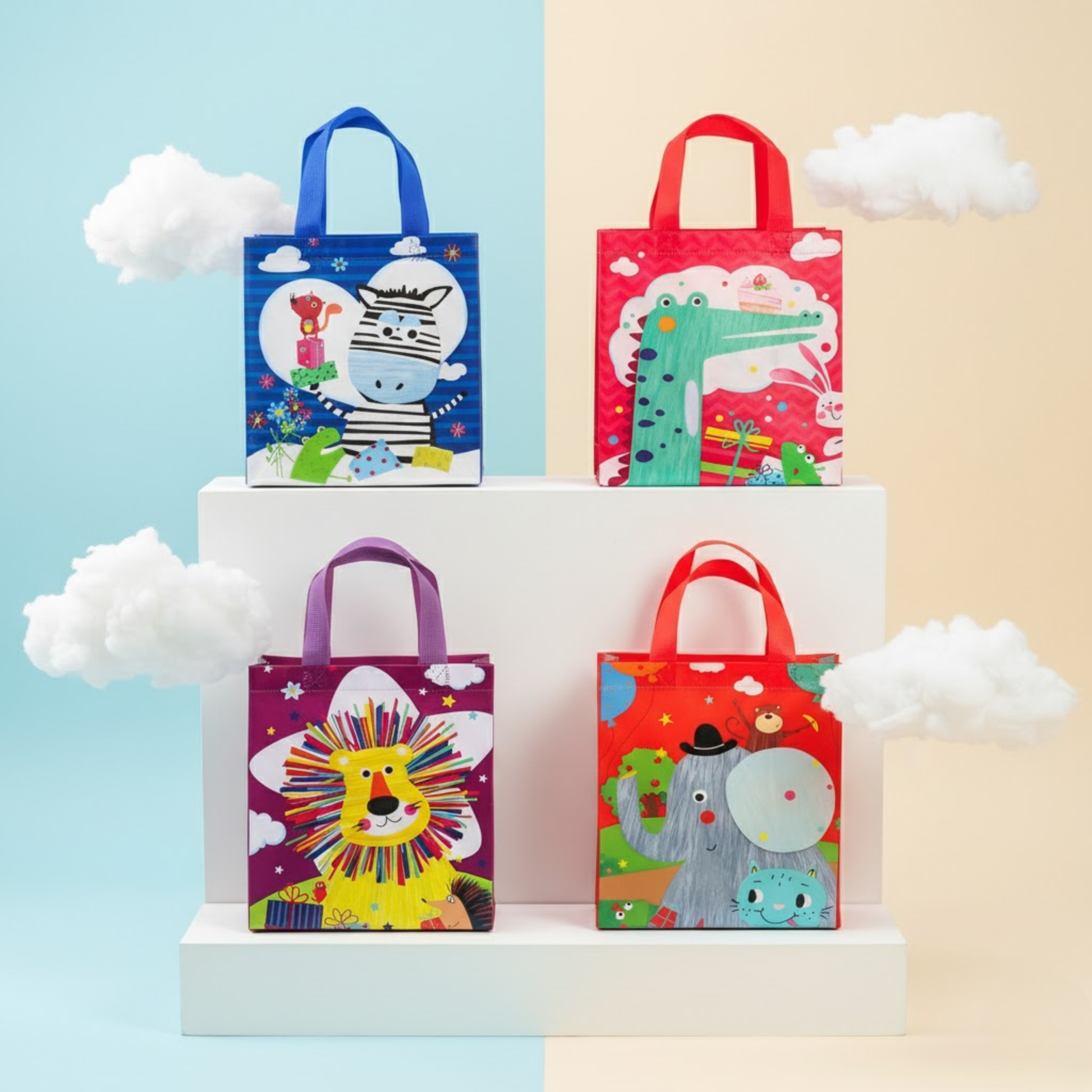 Cute Dinosaur family-themed gift bags in bright colors with floral designs and colorful handles