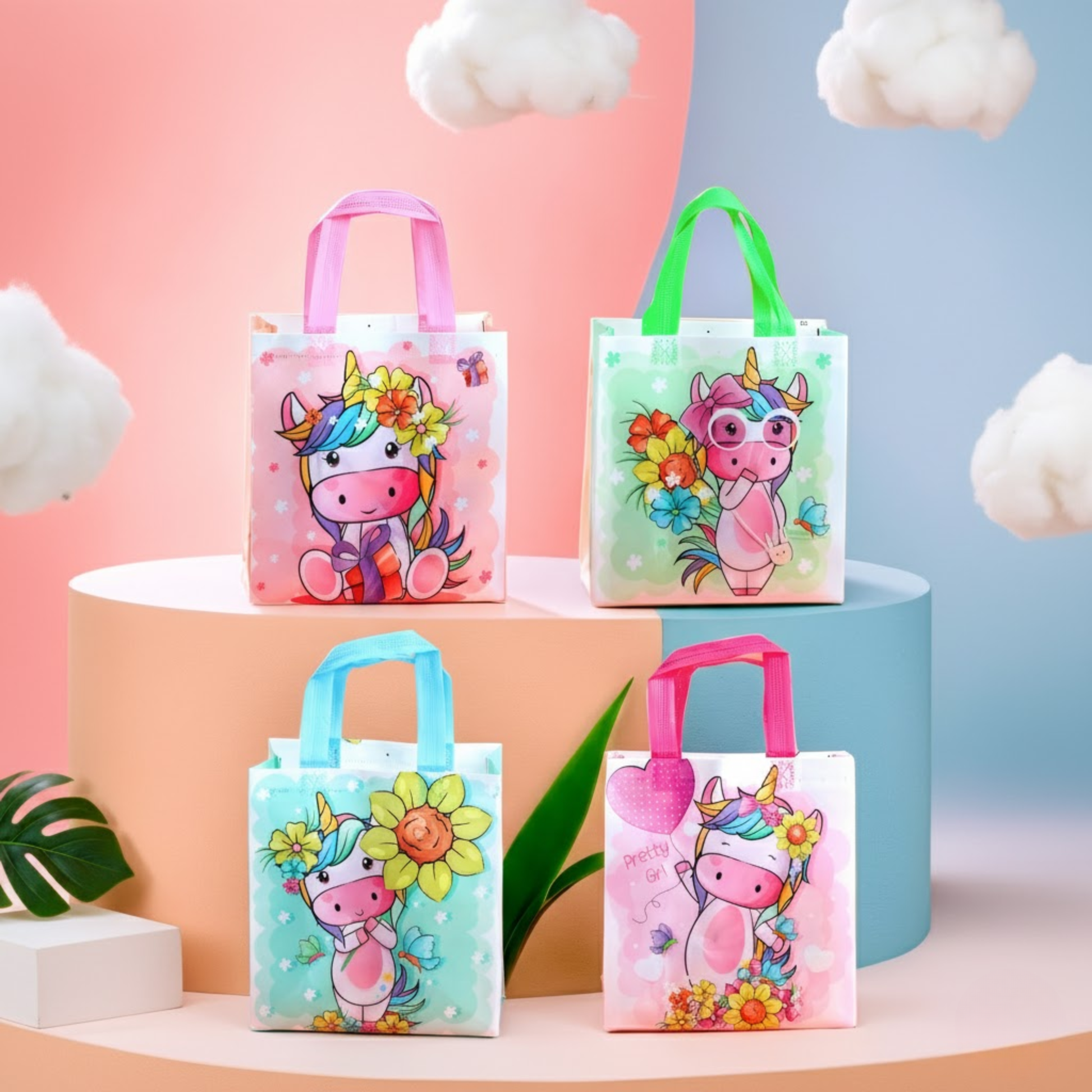 Cute unicorn-themed gift bags in pastel colors with floral designs and colorful handles