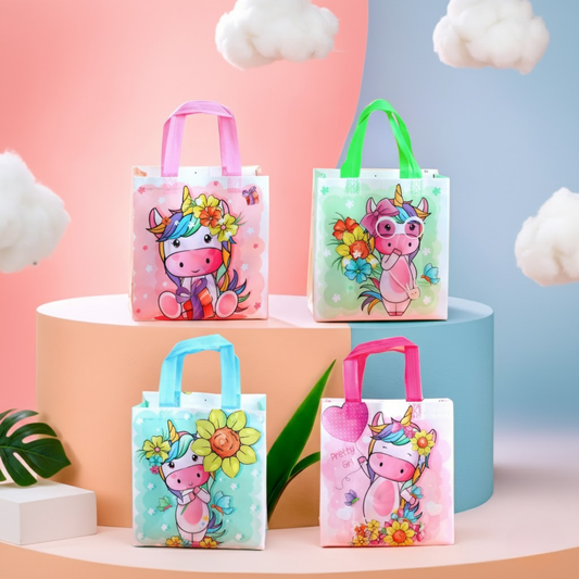 Cute unicorn-themed gift bags in pastel colors with floral designs and colorful handles