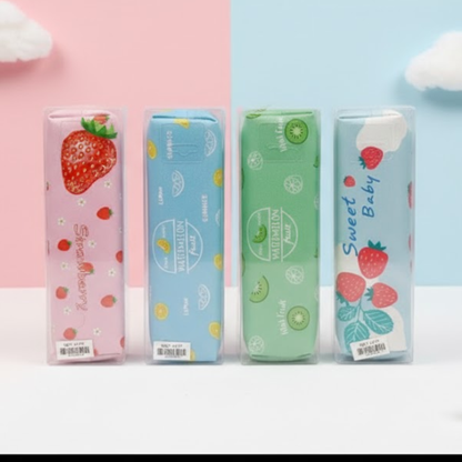 Pastel fruit-themed pencil pouches in strawberry, lemon, kiwi, and berry designs