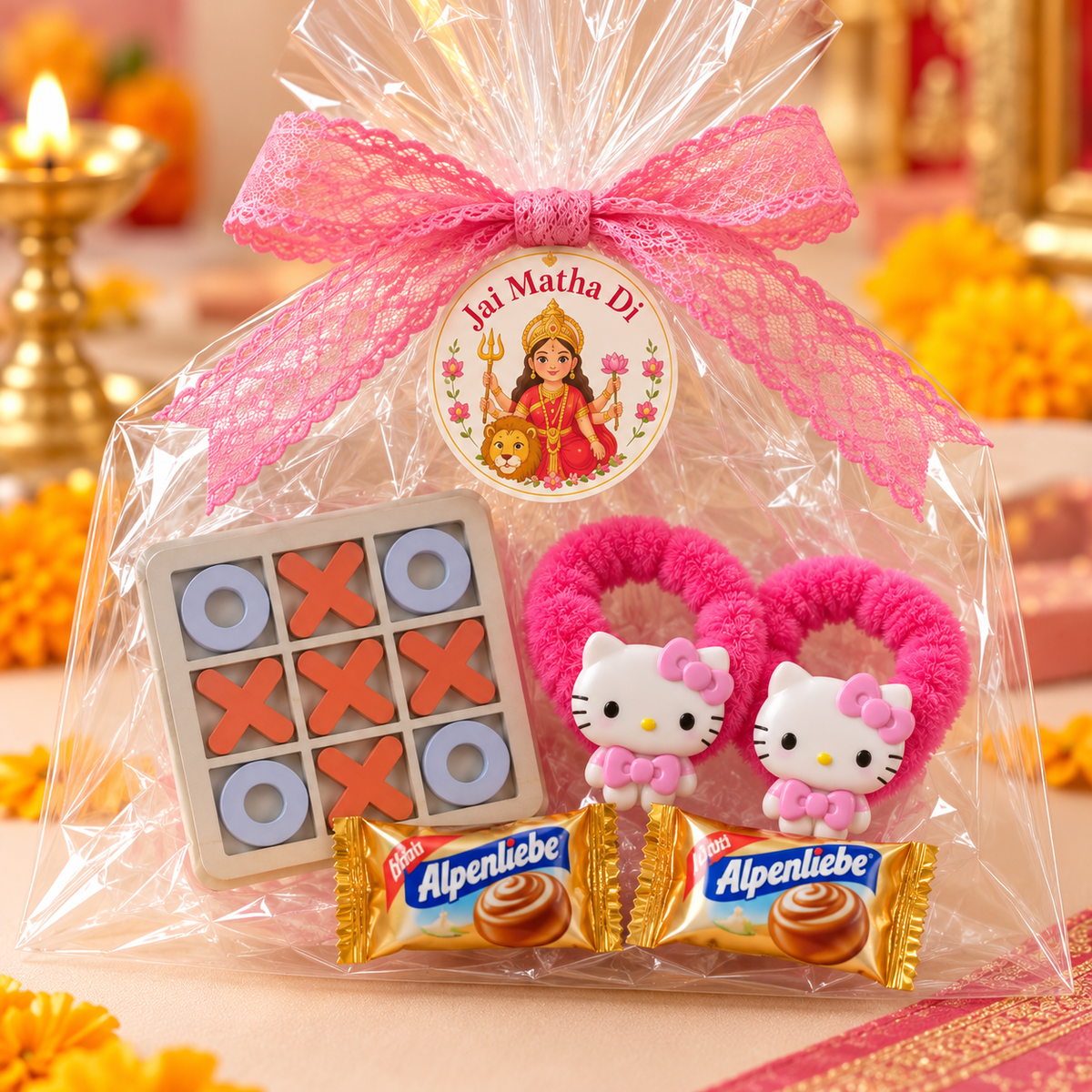 Jai Mata Di Gift Hamper with Hello Kitty Hair Bands & Tic-Tac-Toe