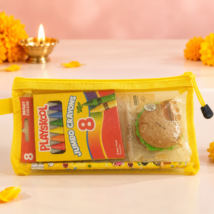 Kids’ Stationery Gift Set with Jumbo Crayons & Yellow Zip Pouch