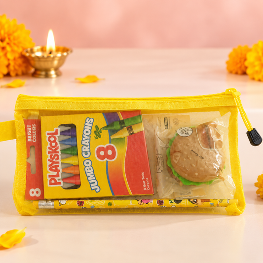 Kids’ Stationery Gift Set with Jumbo Crayons & Yellow Zip Pouch