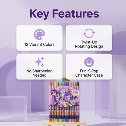 K-Pop Demon Hunters 12 Rotating Crayons Set | Twist-Up Colour Crayons
