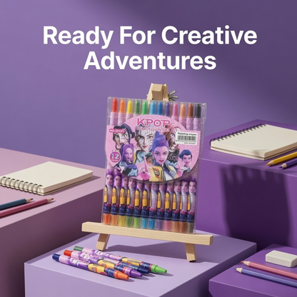 K-Pop Demon Hunters 12 Rotating Crayons Set | Twist-Up Colour Crayons