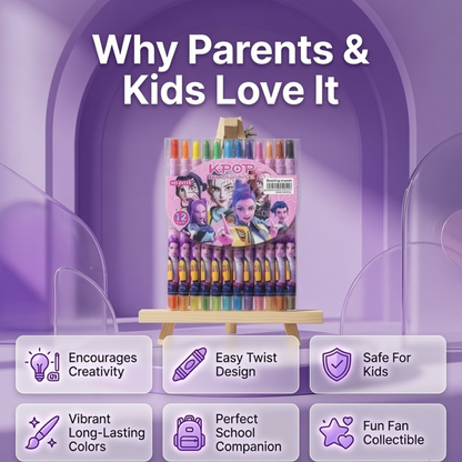K-Pop Demon Hunters 12 Rotating Crayons Set | Twist-Up Colour Crayons