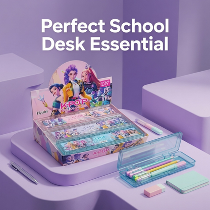 K-Pop Demon Hunters Geometry Box Pencil Case | HuntrX Stationery Set for Kids & Teens